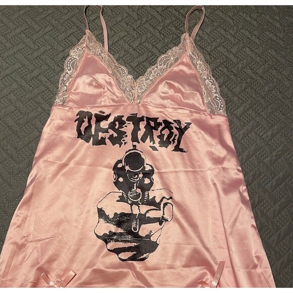 Vintage Arcane Destroy Havoc Logo Pink Satin Lace Slip Dress Nightgown - Picture 9 of 15